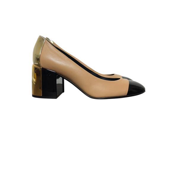 Casadei NWOB Cap Toe Pumps Black & Beige - Gold Block Heels Size 36.5 - Picture 2 of 8
